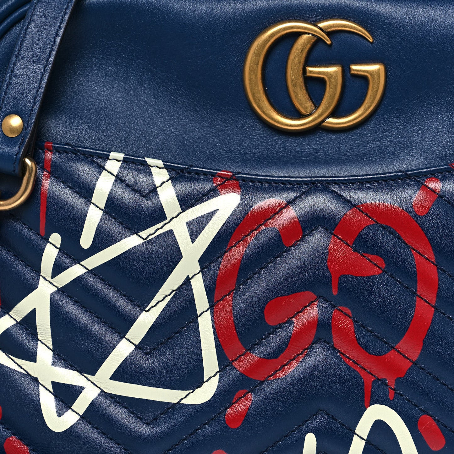 Calfskin Matelasse GucciGhost Medium GG Marmont Chain Shoulder Bag Blue Agata Hibiscus Red