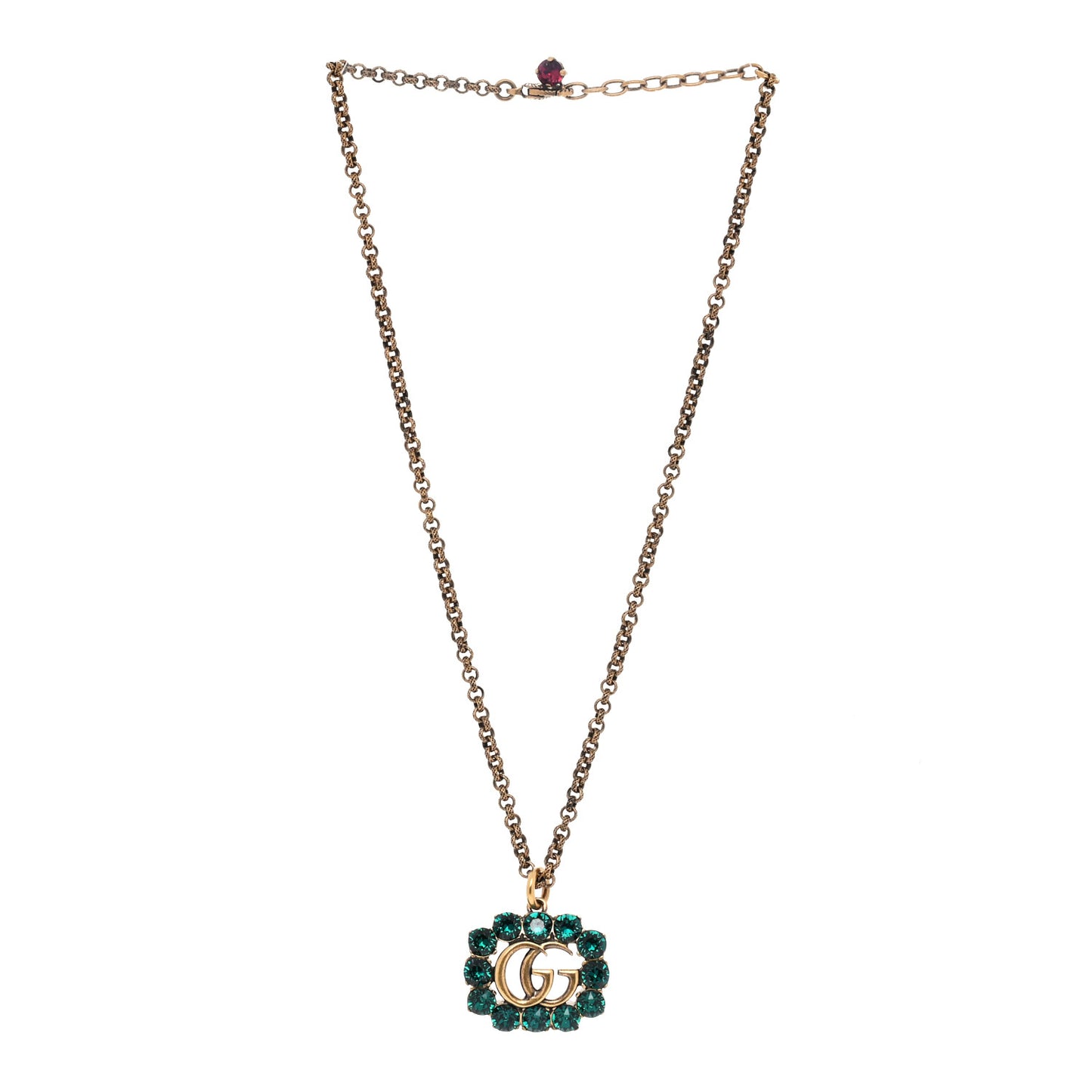 Crystal Embellished Double G Necklace Aged Gold Green