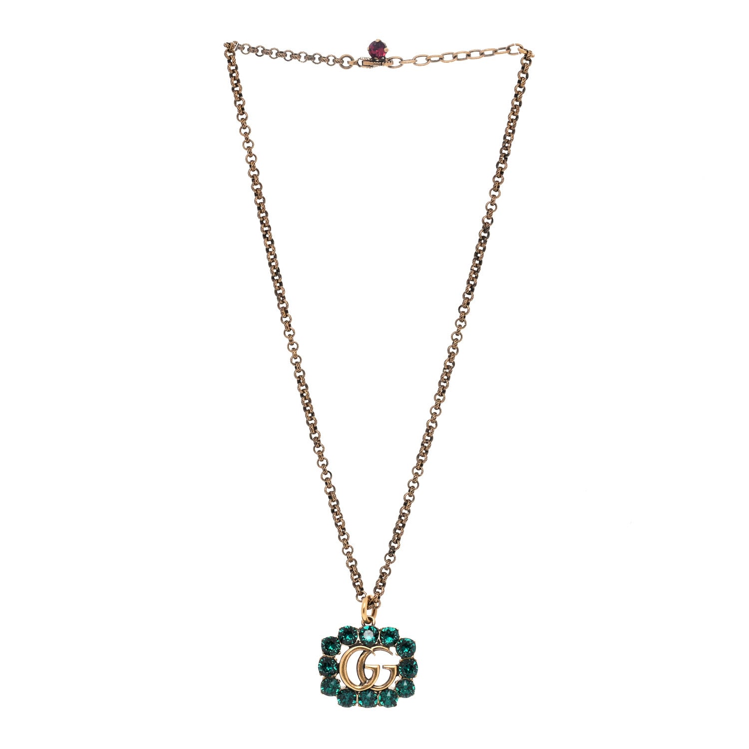 Gucci Crystal Embellished Double G Necklace Aged Gold Green 3 of 5
