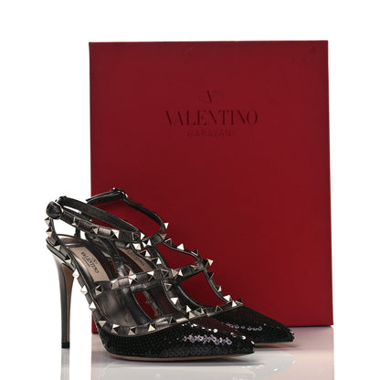 Valentino Garavani Sequin Metallic Nappa Rockstud Ankle Strap 100mm Pumps 38 Black Rutenio 8 of 8