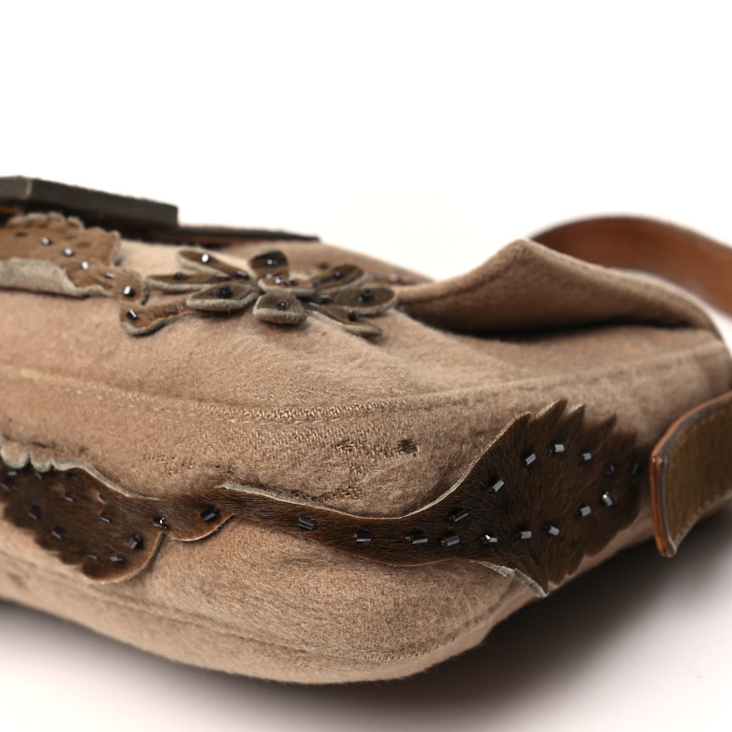 Wool Pony Hair Flower Applique Baguette Brown