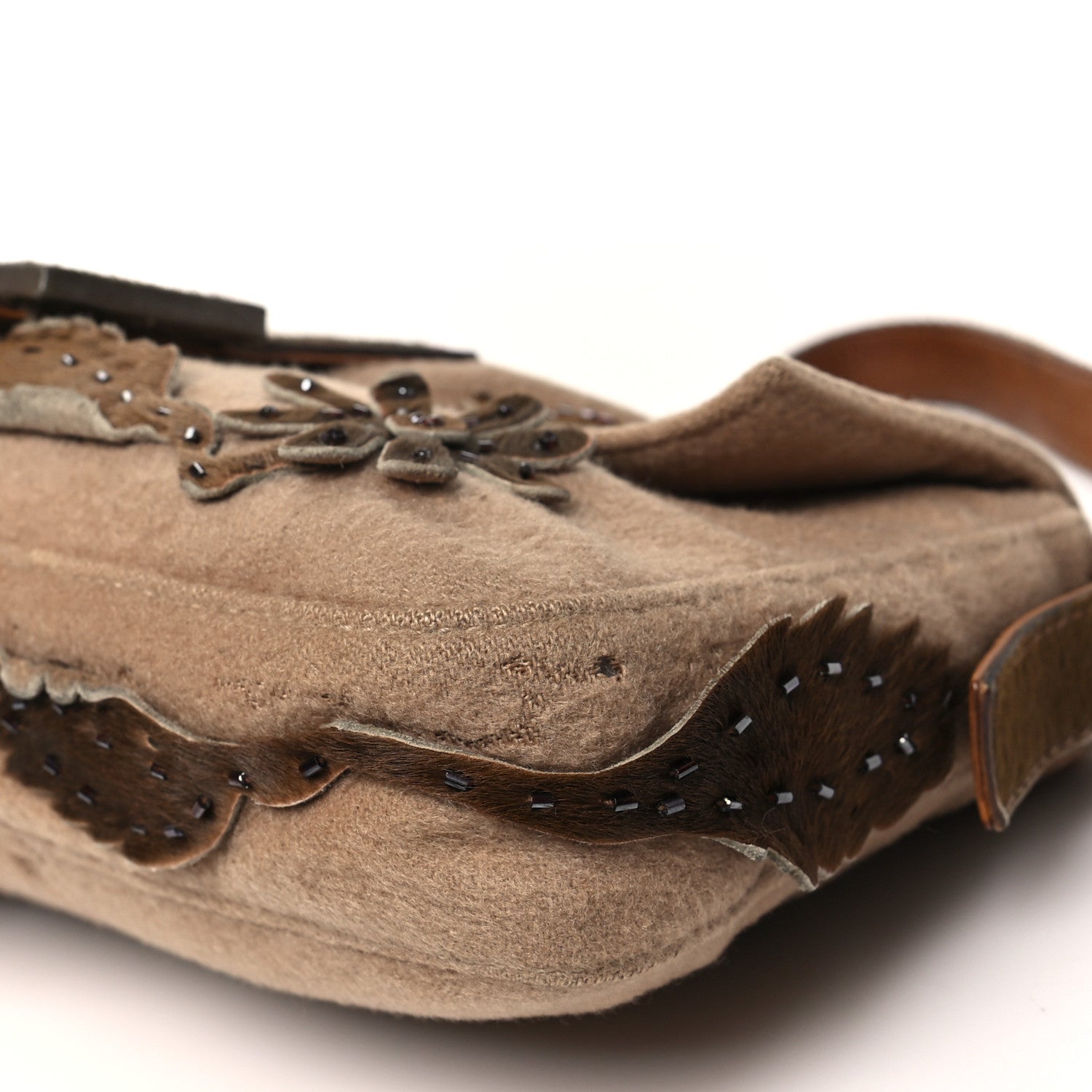 Fendi Wool Pony Hair Flower Applique Baguette Brown 7 of 14