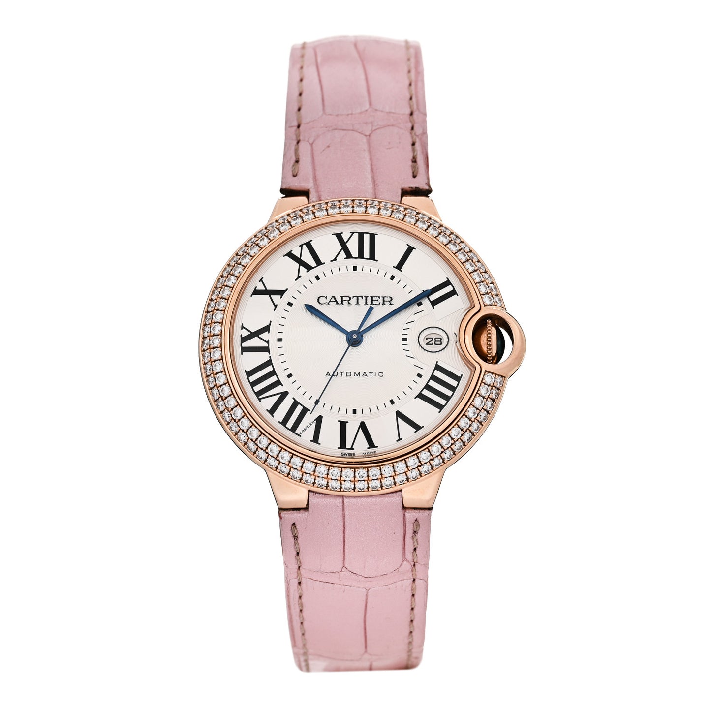 18K Pink Gold Alligator Diamond Bezel 42mm Ballon Bleu De Cartier Automatic Watch Pink