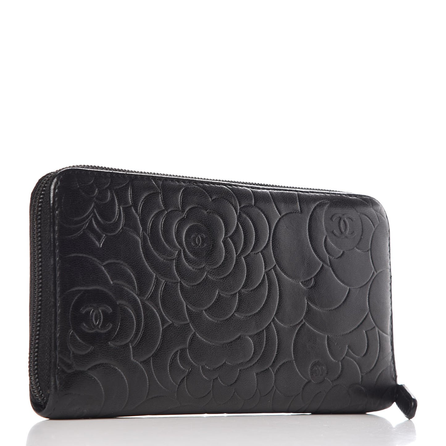 Lambskin Camellia Embossed Large Zip Around Gusset Wallet Black