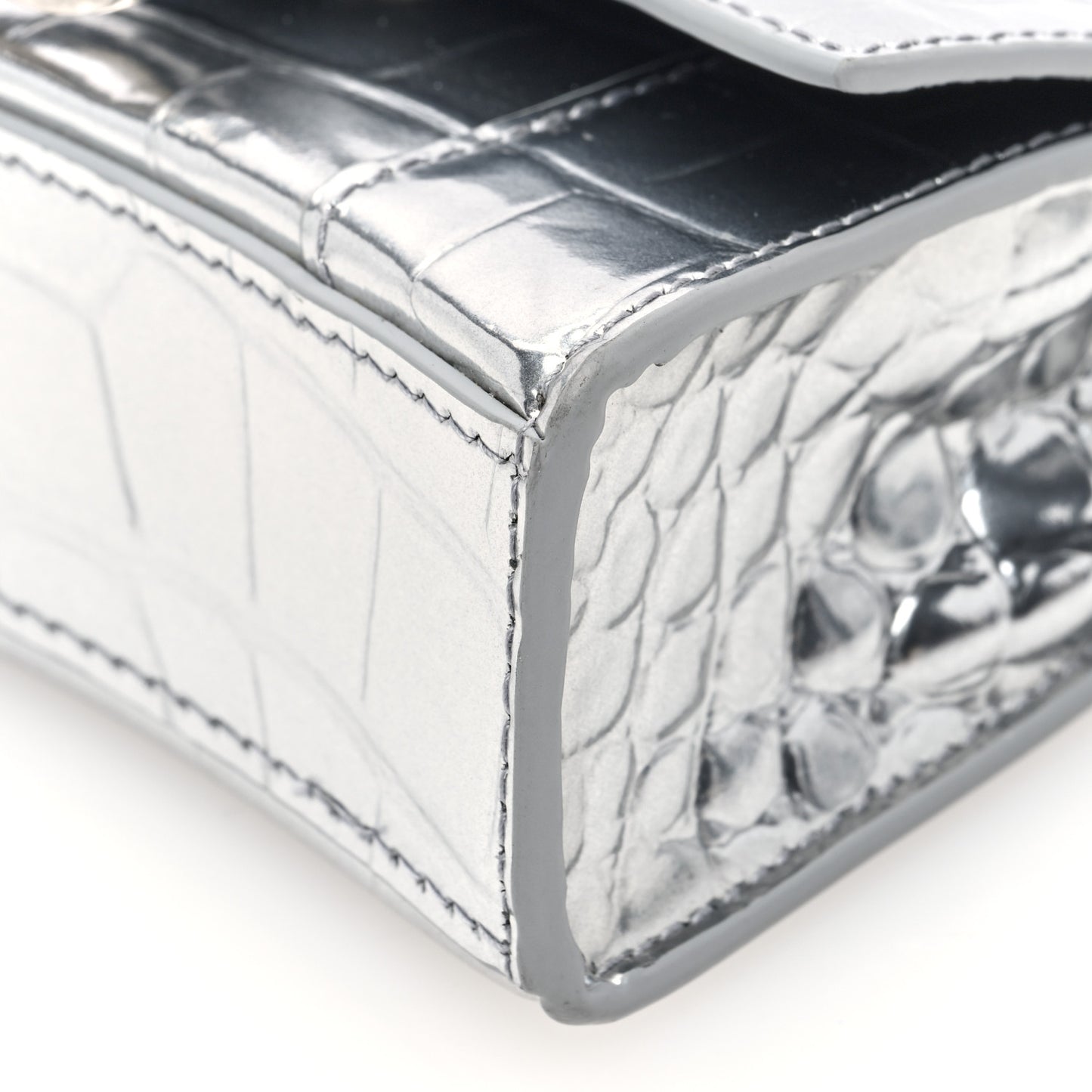 Metallic Calfskin Crocodile Embossed Hourglass Top Handle Bag Mini Silver