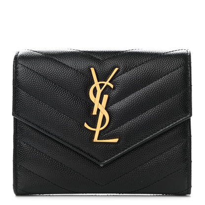Saint Laurent Grain De Poudre Matelasse Chevron Monogram Compact Tri Fold Wallet Black 1 of 6