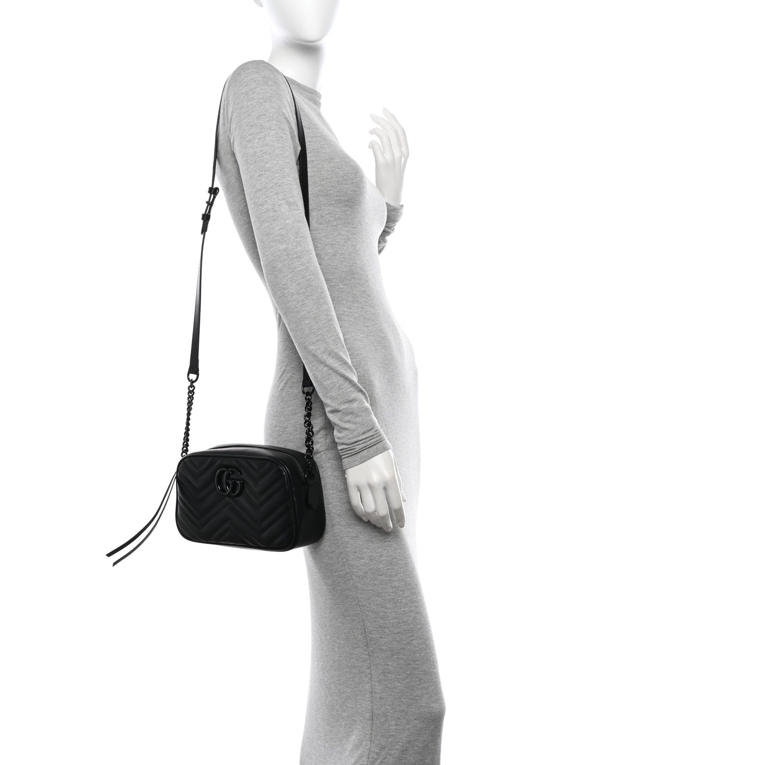 Gucci Calfskin Matelasse Monochrome Small GG Marmont Chain Shoulder Bag Black 2 of 10