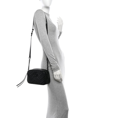 Gucci Calfskin Matelasse Monochrome Small GG Marmont Chain Shoulder Bag Black 2 of 10