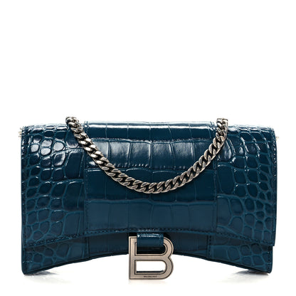 Balenciaga Shiny Calfskin Crocodile Embossed Hourglass Chain Bag Forest Green 2 of 21