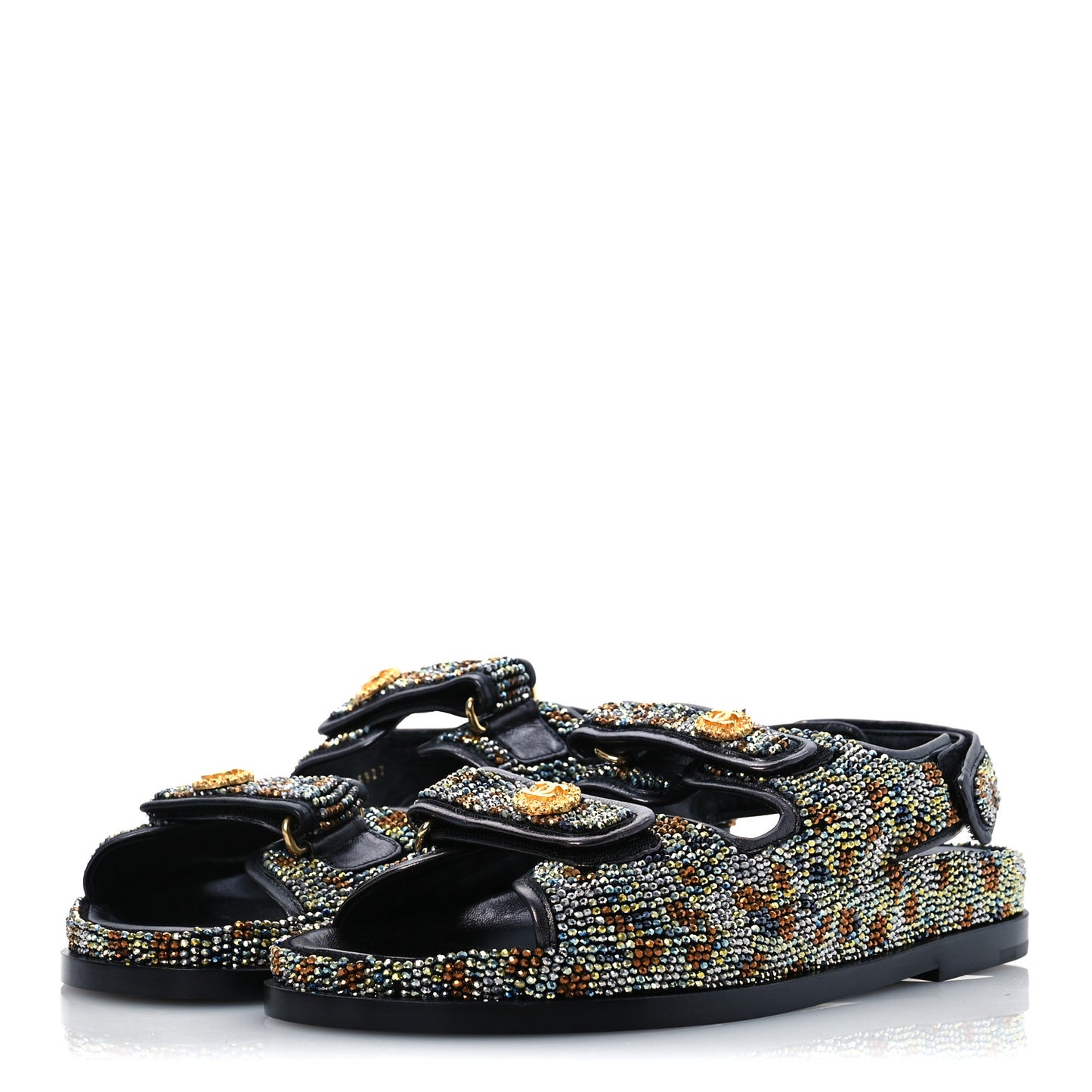 Grained Calfskin Crystal Velcro Dad Sandals 40 Black Multicolor
