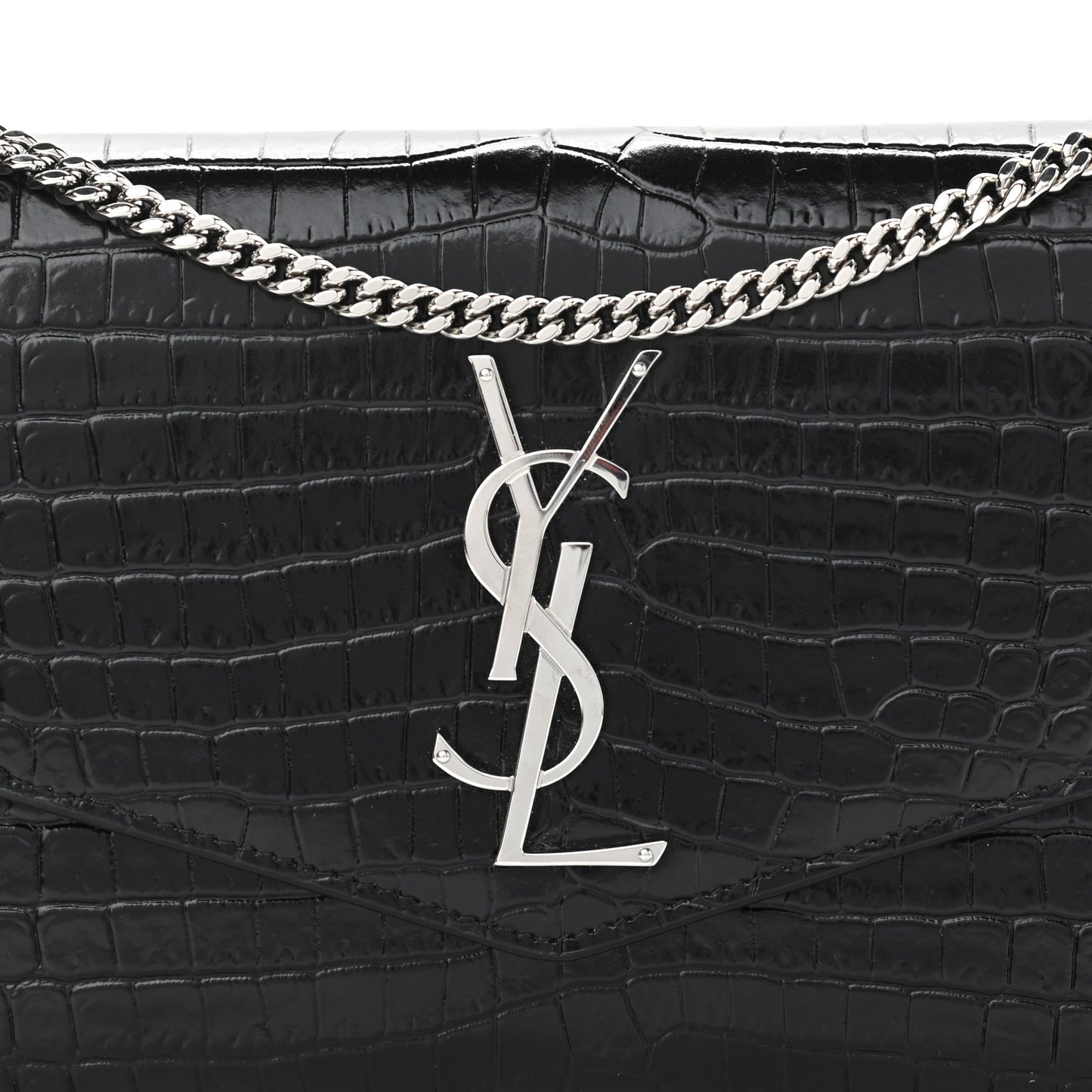 Calfskin Crocodile Embossed Monogram Uptown Chain Wallet Black