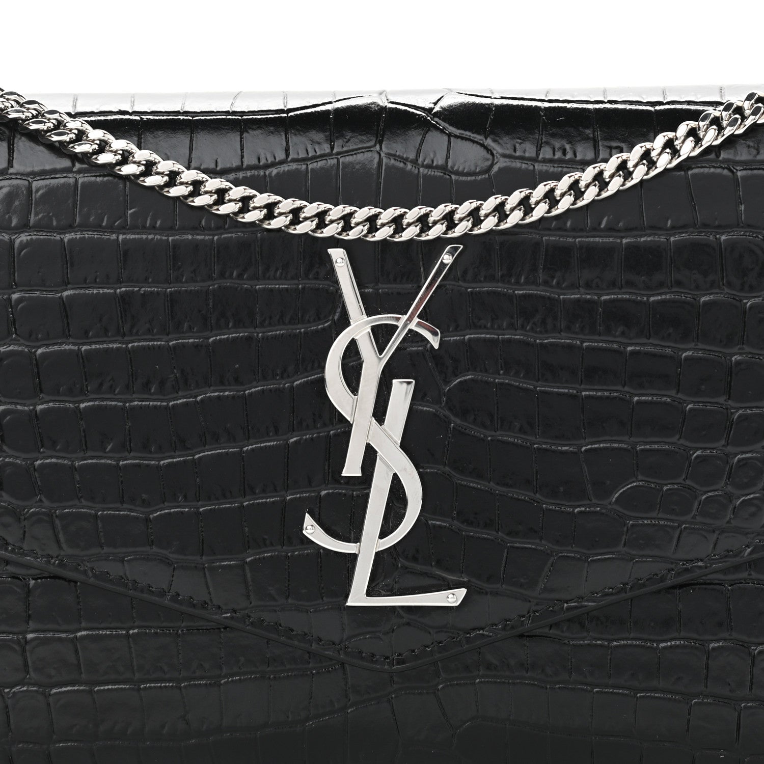 Saint Laurent Calfskin Crocodile Embossed Monogram Uptown Chain Wallet Black 8 of 11
