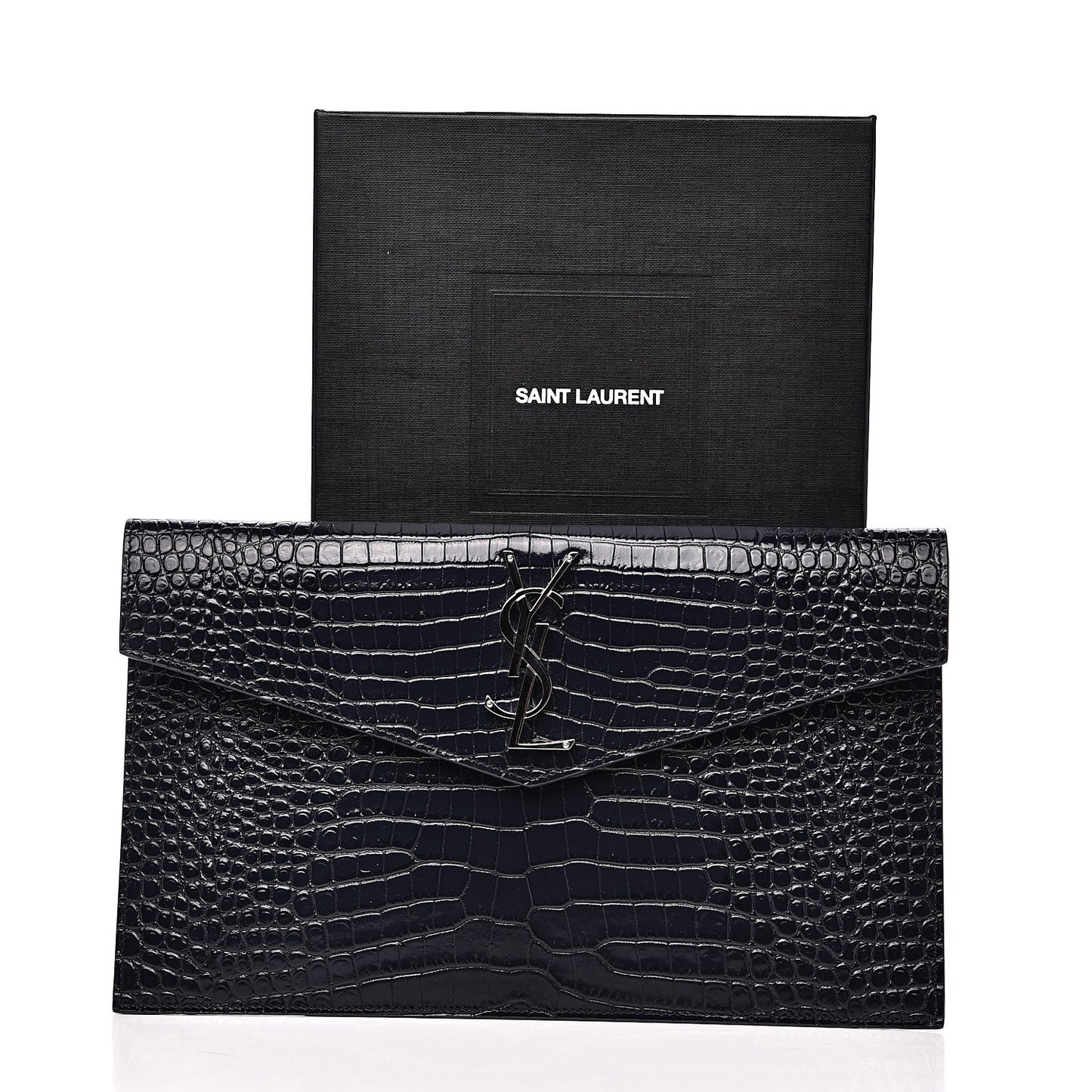 Calfskin Crocodile Embossed Uptown Monogram Clutch Deep Marine