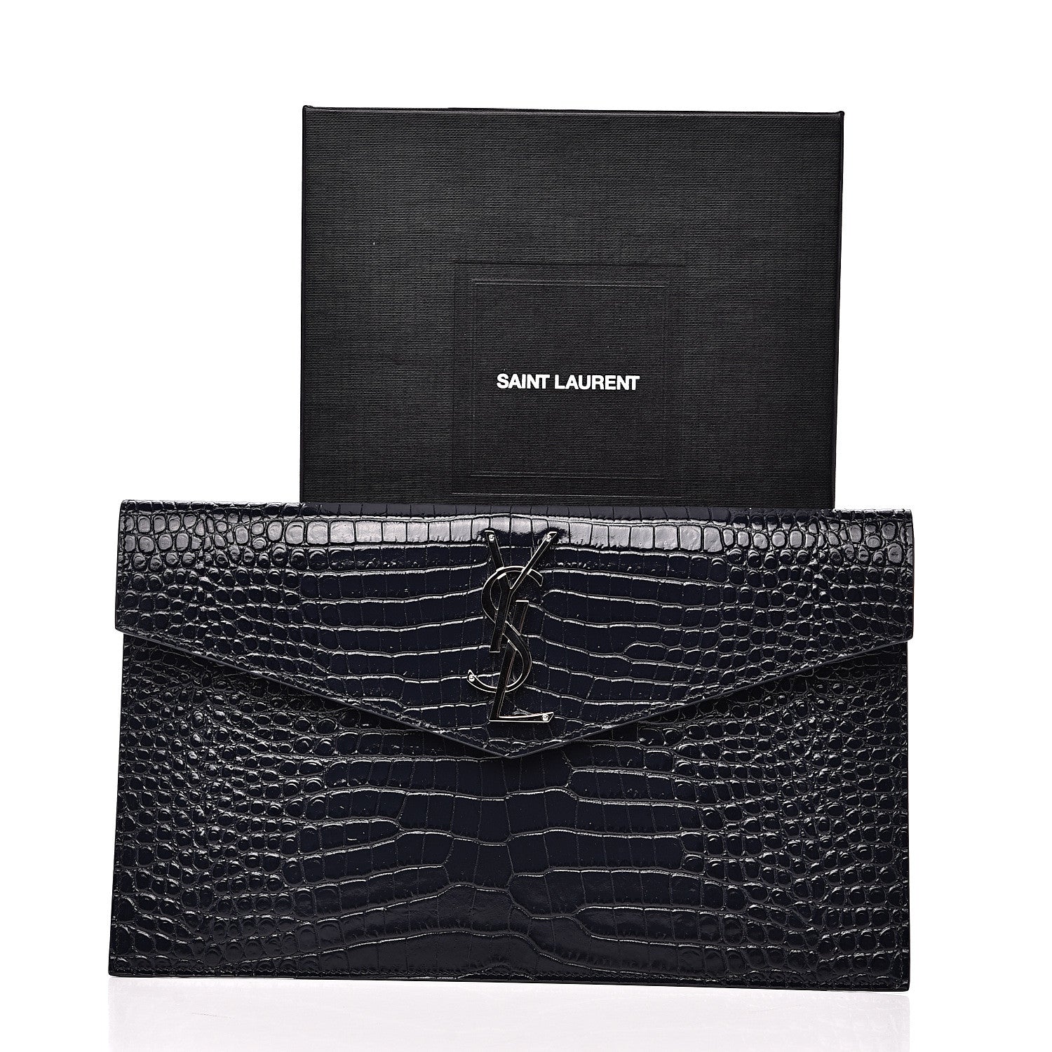 Saint Laurent Calfskin Crocodile Embossed Uptown Monogram Clutch Deep Marine 6 of 6