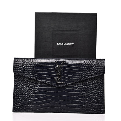 Saint Laurent Calfskin Crocodile Embossed Uptown Monogram Clutch Deep Marine 6 of 6