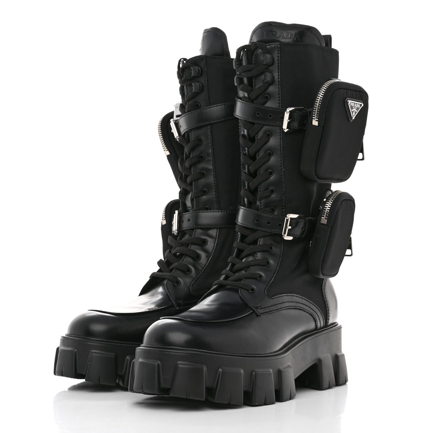 Prada Spazzolato Rois Re-Nylon Metal Triangle Logo Monolith Pouch Pocket 55mm Tall Combat Boots 41 Black 3 of 8