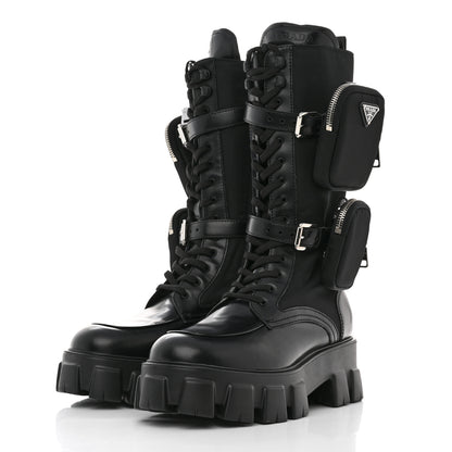 Prada Spazzolato Rois Re-Nylon Metal Triangle Logo Monolith Pouch Pocket 55mm Tall Combat Boots 41 Black 3 of 8
