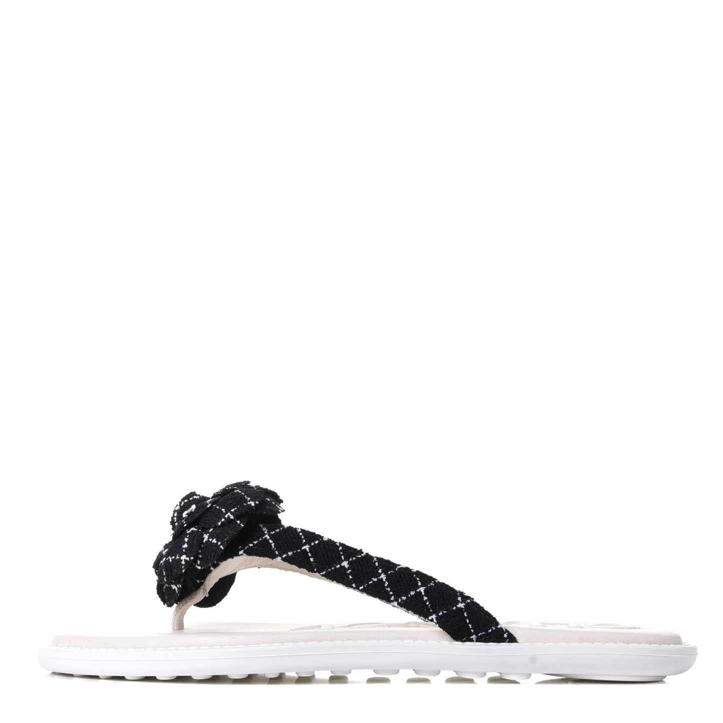 Tweed Quilted Camellia Thong Sandals 39 Black White