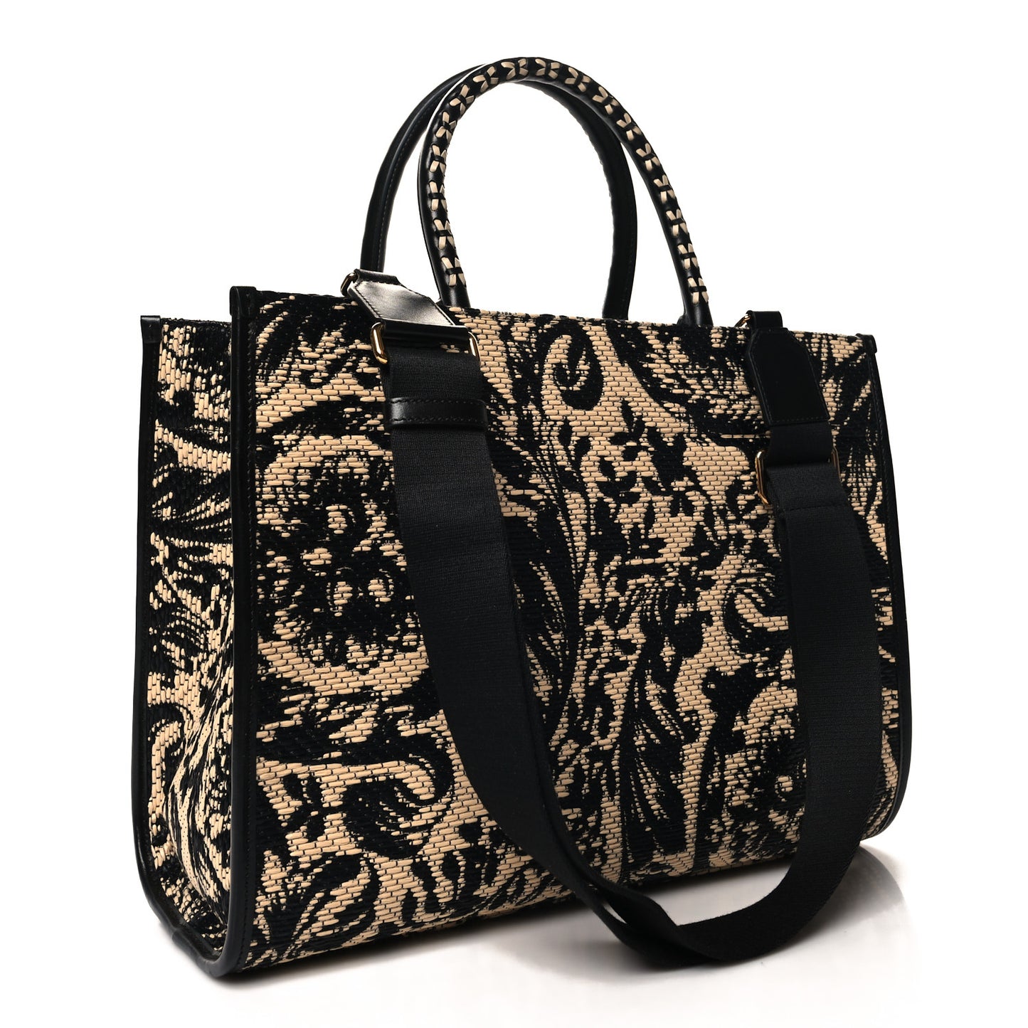 Raffia Calfskin Jacquard Barocco Medium Athena Tote Black