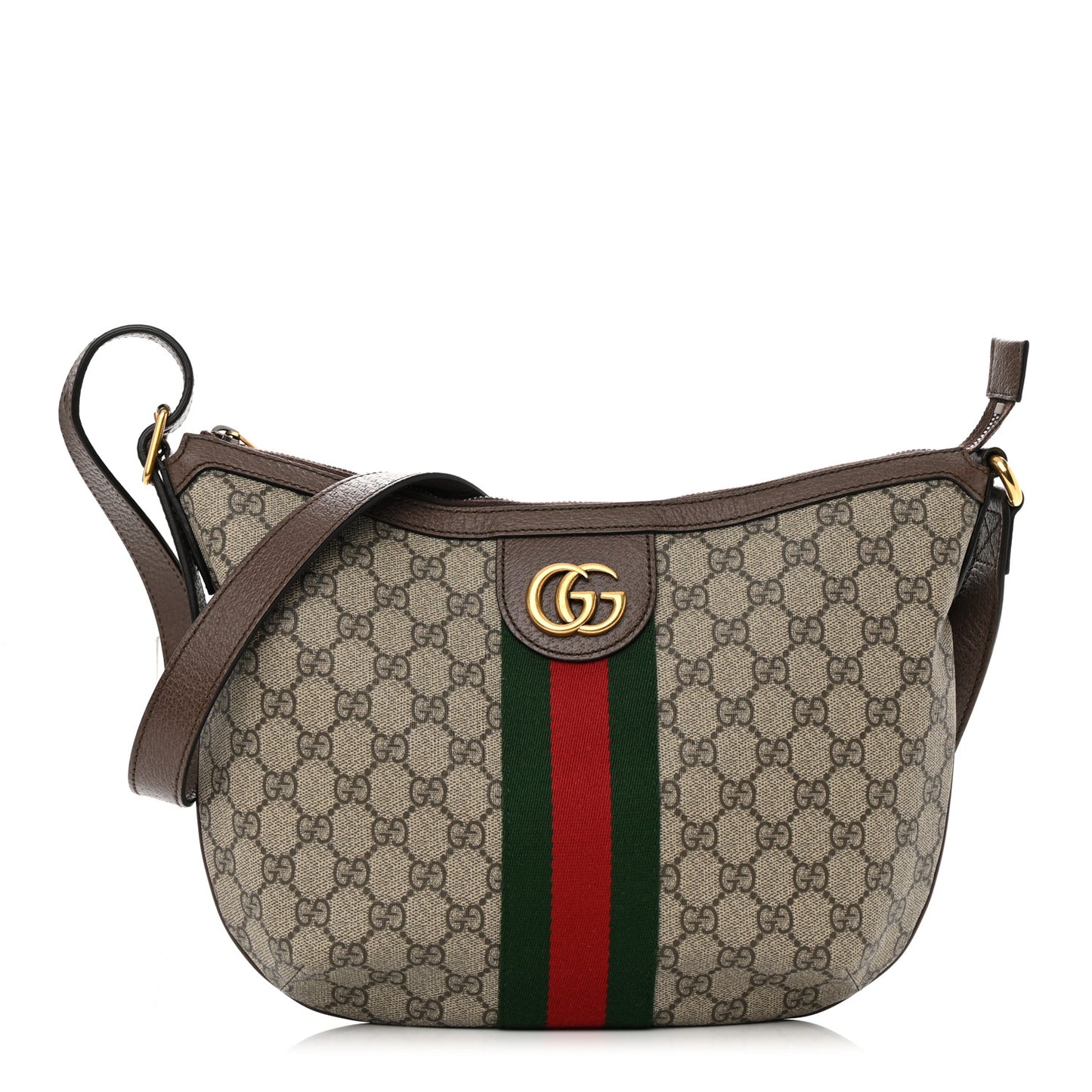 GG Supreme Monogram Textured Dollar Calfskin Web Small Ophidia Half Moon Hobo Beige Ebony New Acero