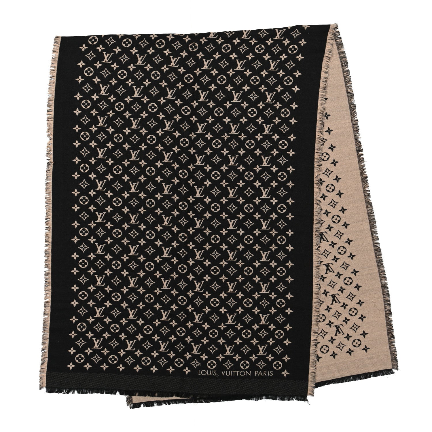 Louis Vuitton Wool Silk Monogram So LV Chale Beige Black 2 of 5