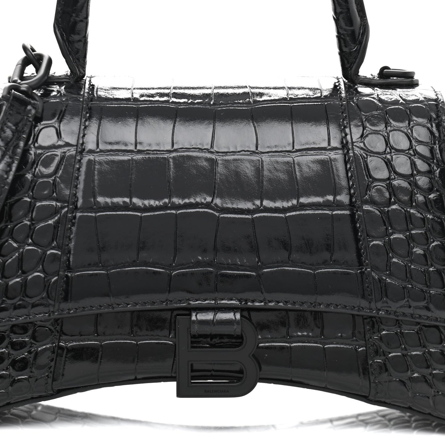Shiny Calfskin Monochrome Crocodile Embossed Small Hourglass Top Handle Bag Black