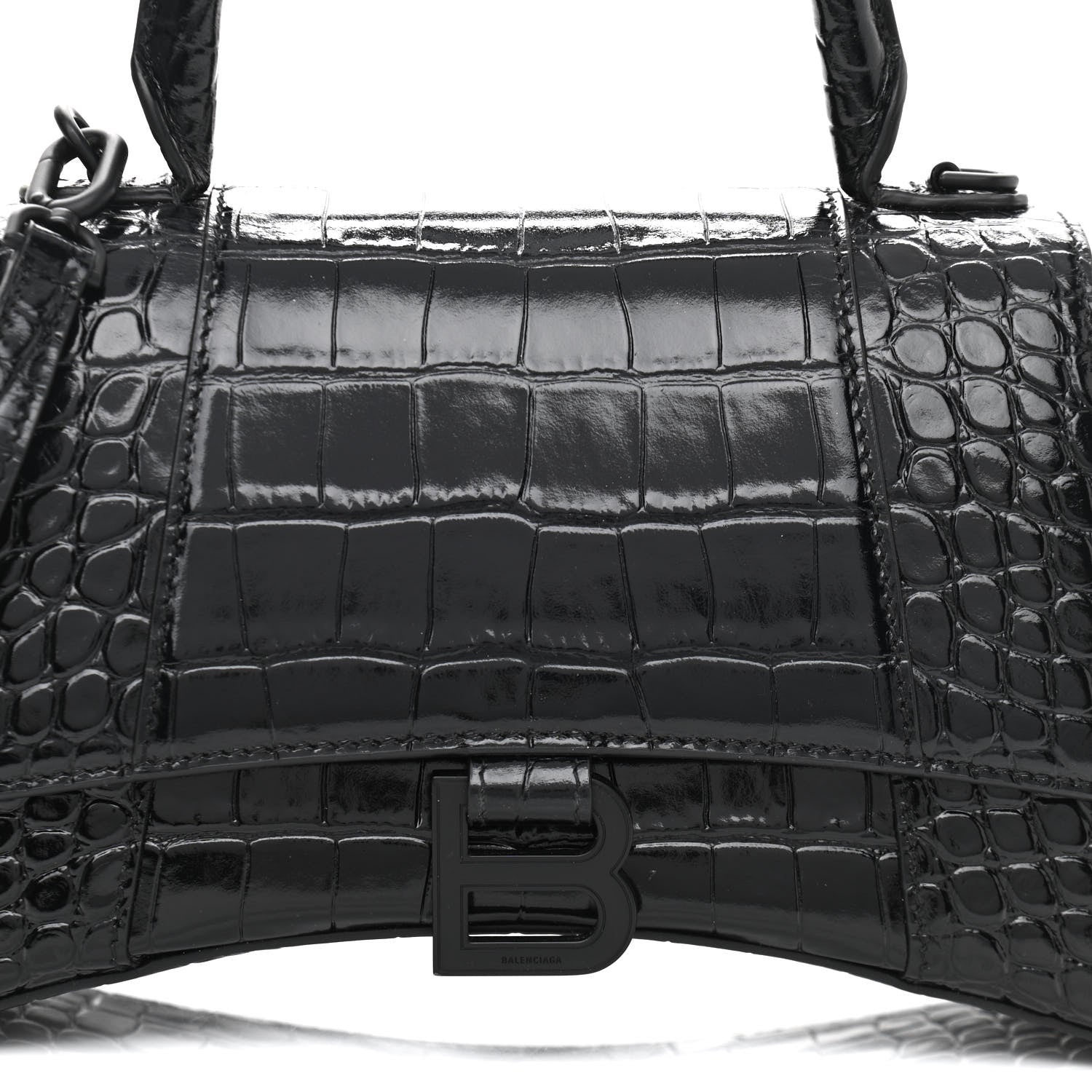 Balenciaga Shiny Calfskin Monochrome Crocodile Embossed Small Hourglass Top Handle Bag Black 8 of 11