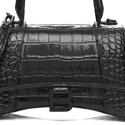 Balenciaga Shiny Calfskin Monochrome Crocodile Embossed Small Hourglass Top Handle Bag Black 8 of 11