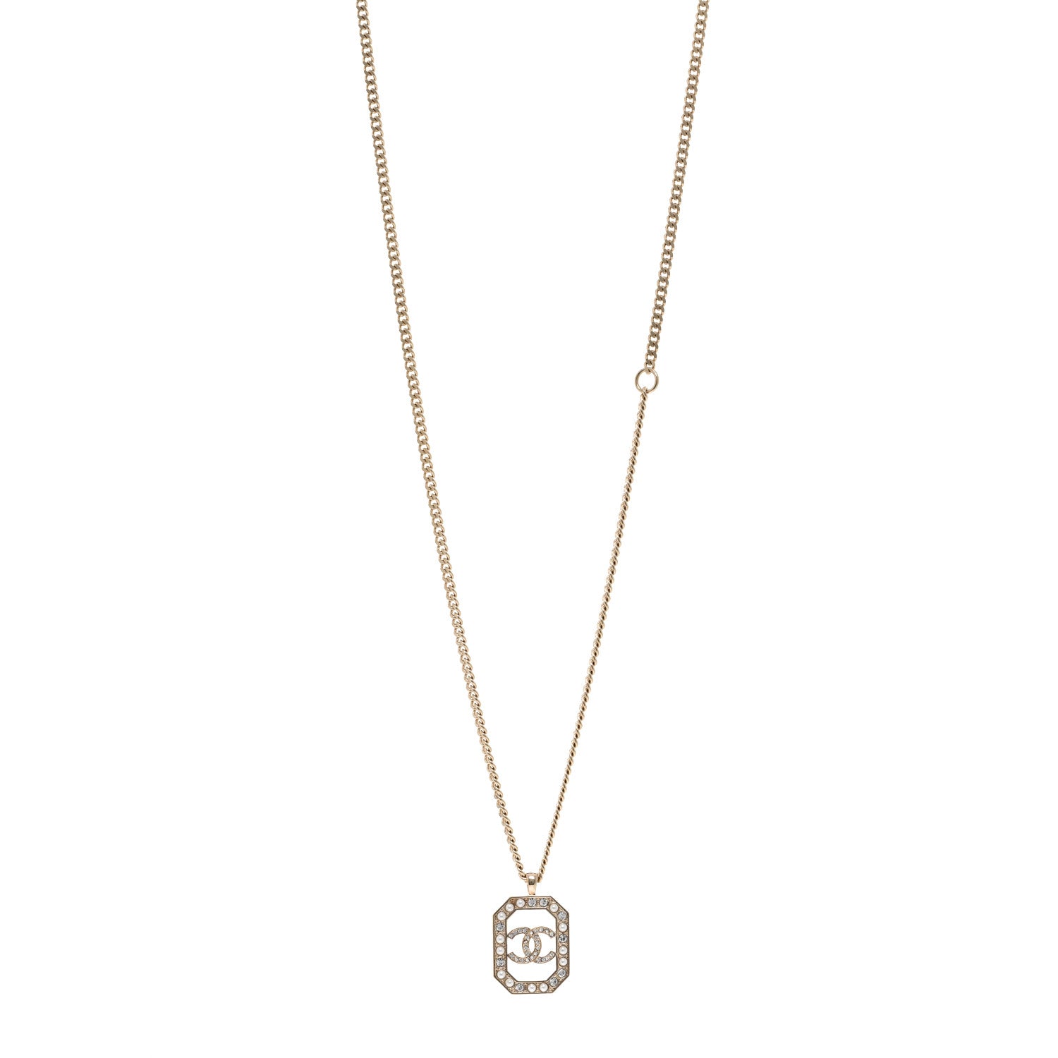 Chanel Crystal Pearl CC Square Pendant Necklace Gold 1 of 5