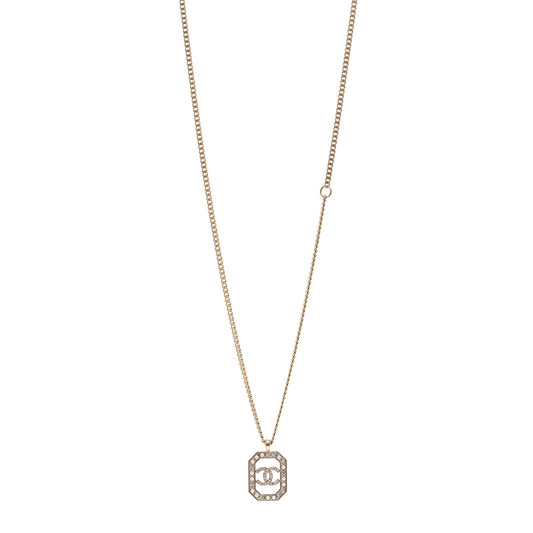 Crystal Pearl CC Square Pendant Necklace Gold