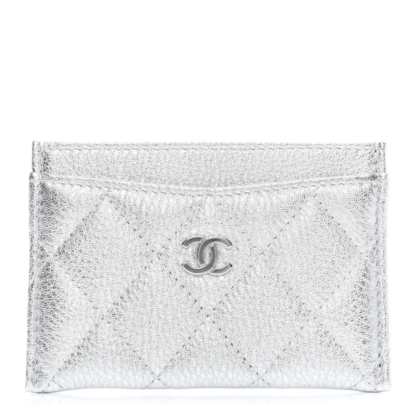 Metallic Lambskin Quilted Card Holder Silver
