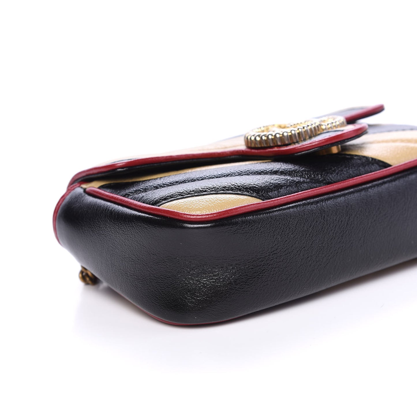 Vintage Effect Calfskin Matelasse Diagonal Striped Super Mini Torchon GG Marmont Shoulder Bag Black Beige
