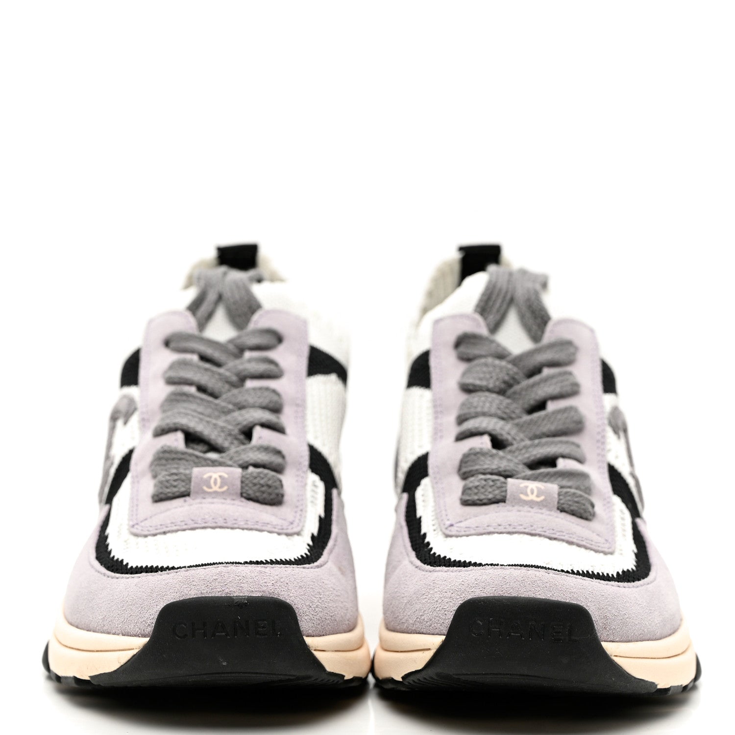 Chanel Mesh Suede Fabric Womens CC Sneakers 39 White Black Purple Dark Purple 2 of 9