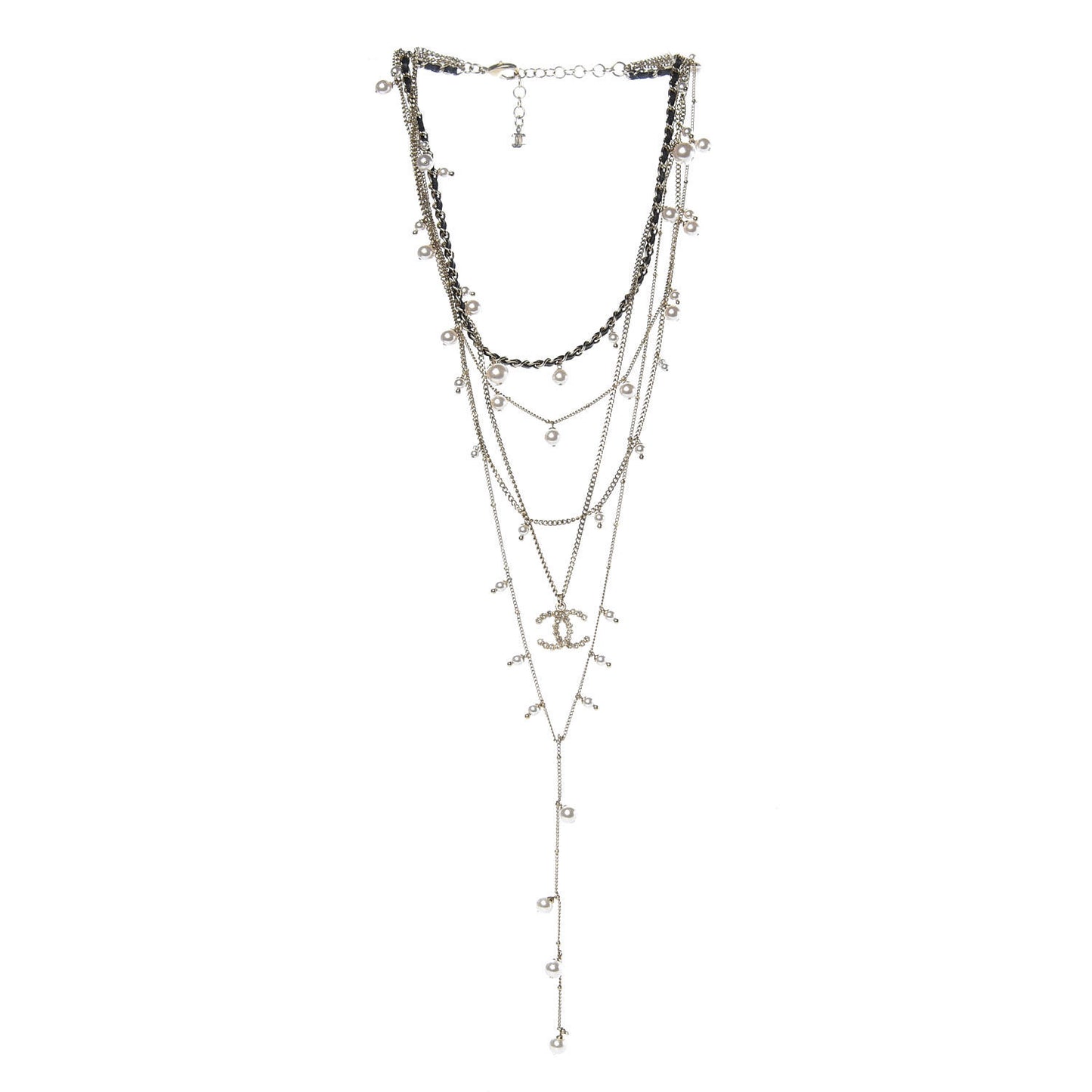 Lambskin Crystal Pearl Chain Necklace Black Gold