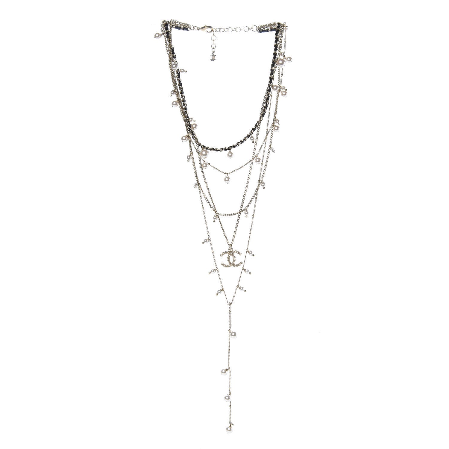 Chanel Lambskin Crystal Pearl Chain Necklace Black Gold 4 of 6