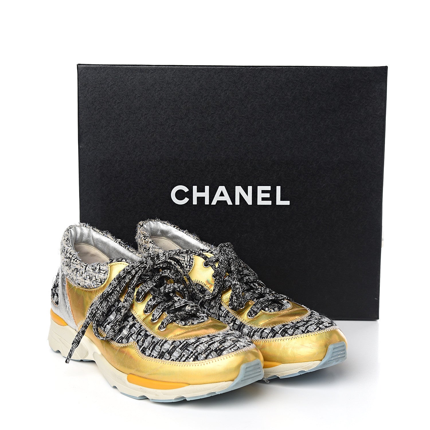 Chanel Tweed Lambskin Tennis Sneakers 37.5 Black White Argent 8 of 8