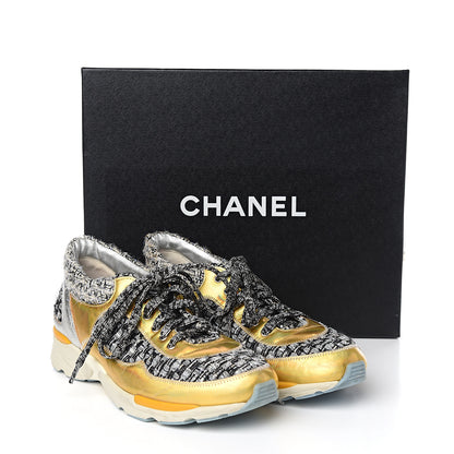 Chanel Tweed Lambskin Tennis Sneakers 37.5 Black White Argent 8 of 8
