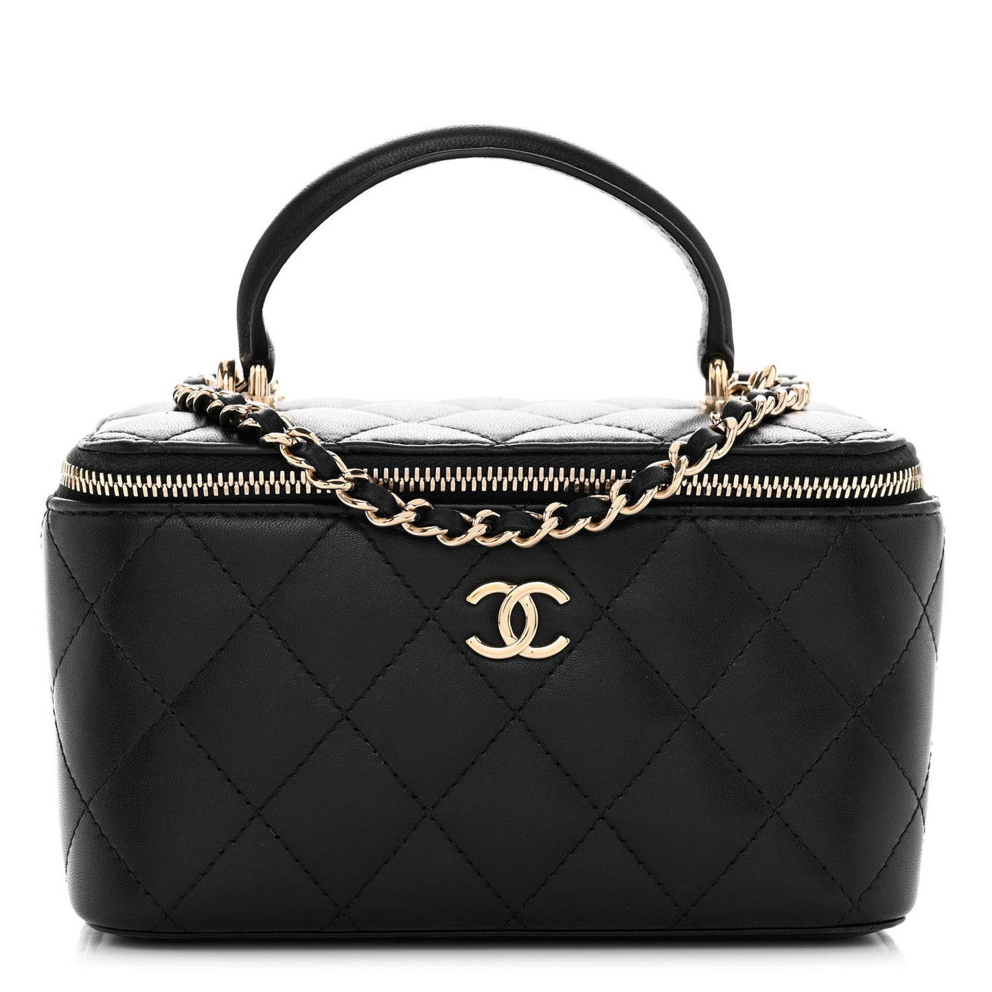 Lambskin Quilted Small Top Handle Vanity Case With Chain Black