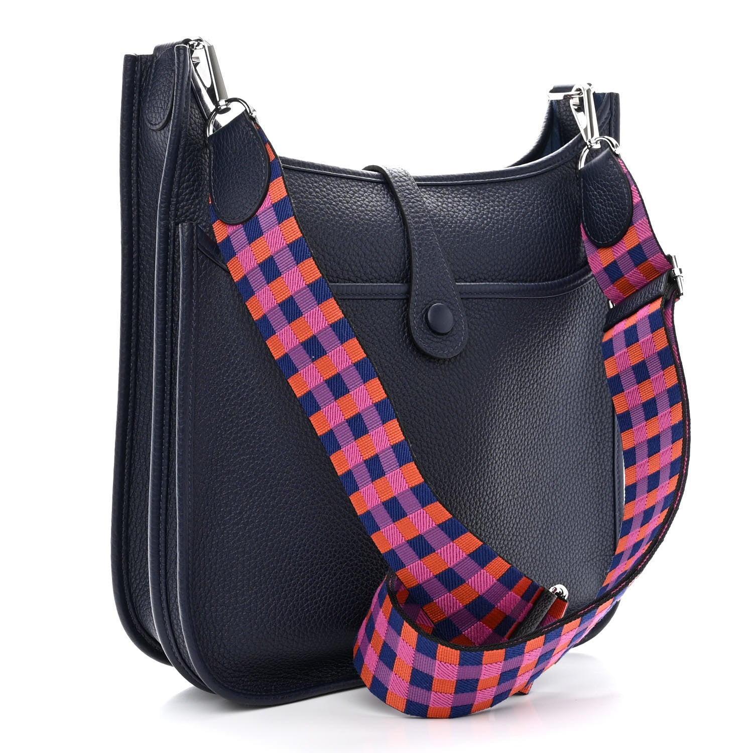 Hermes Taurillon Clemence Quadrille Evelyne III PM Bleu Nuit Bleu Saphir Anemone Capucine 3 of 11