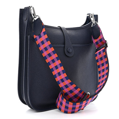 Hermes Taurillon Clemence Quadrille Evelyne III PM Bleu Nuit Bleu Saphir Anemone Capucine 3 of 11