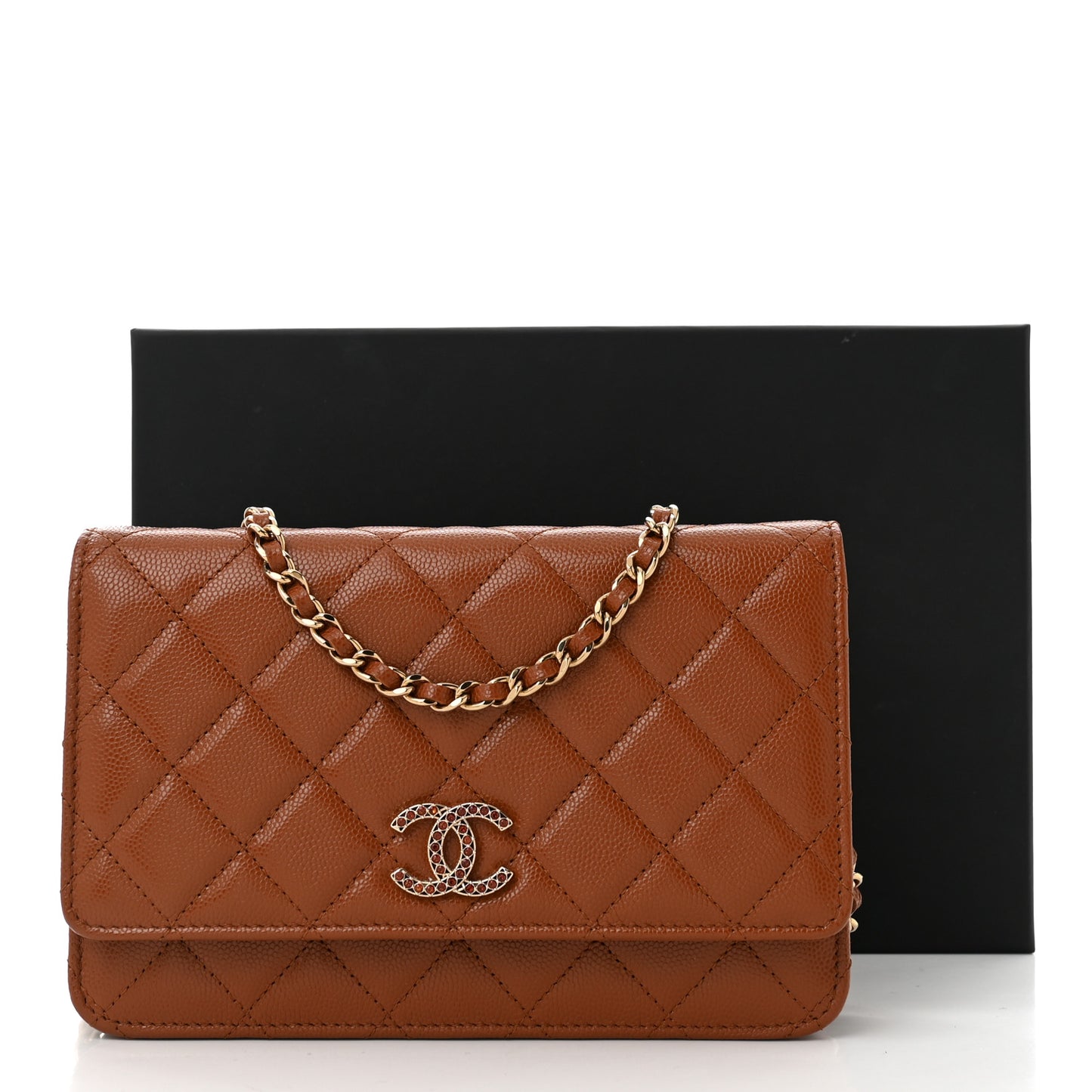 Shiny Caviar Quilted Strass Wallet On Chain WOC Light Brown