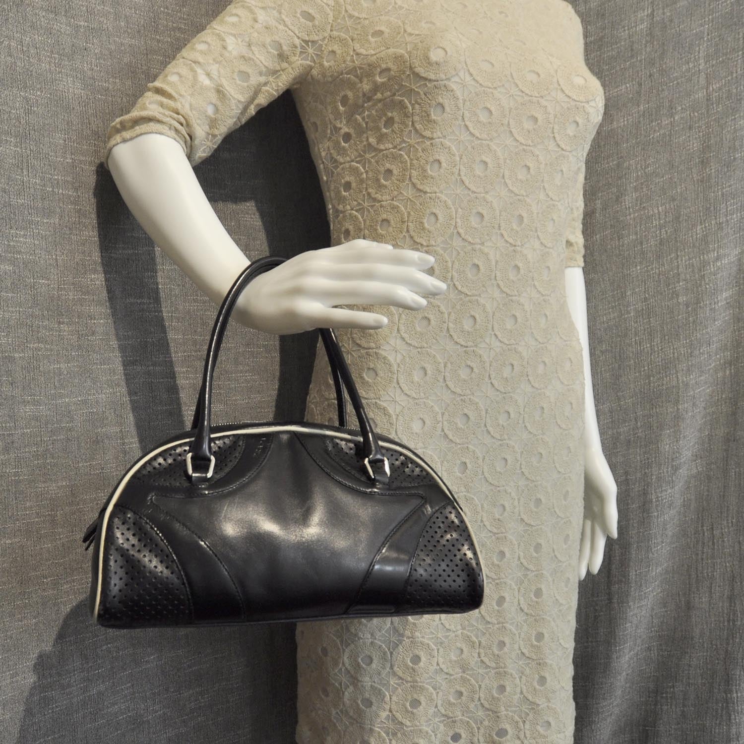 Prada Vitello Drive Perforated Bowling Bag Black 3 of 8