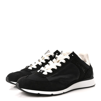 Chanel Nylon Suede Kidskin Calfskin Logo Sneakers 38 Black White 4 of 10