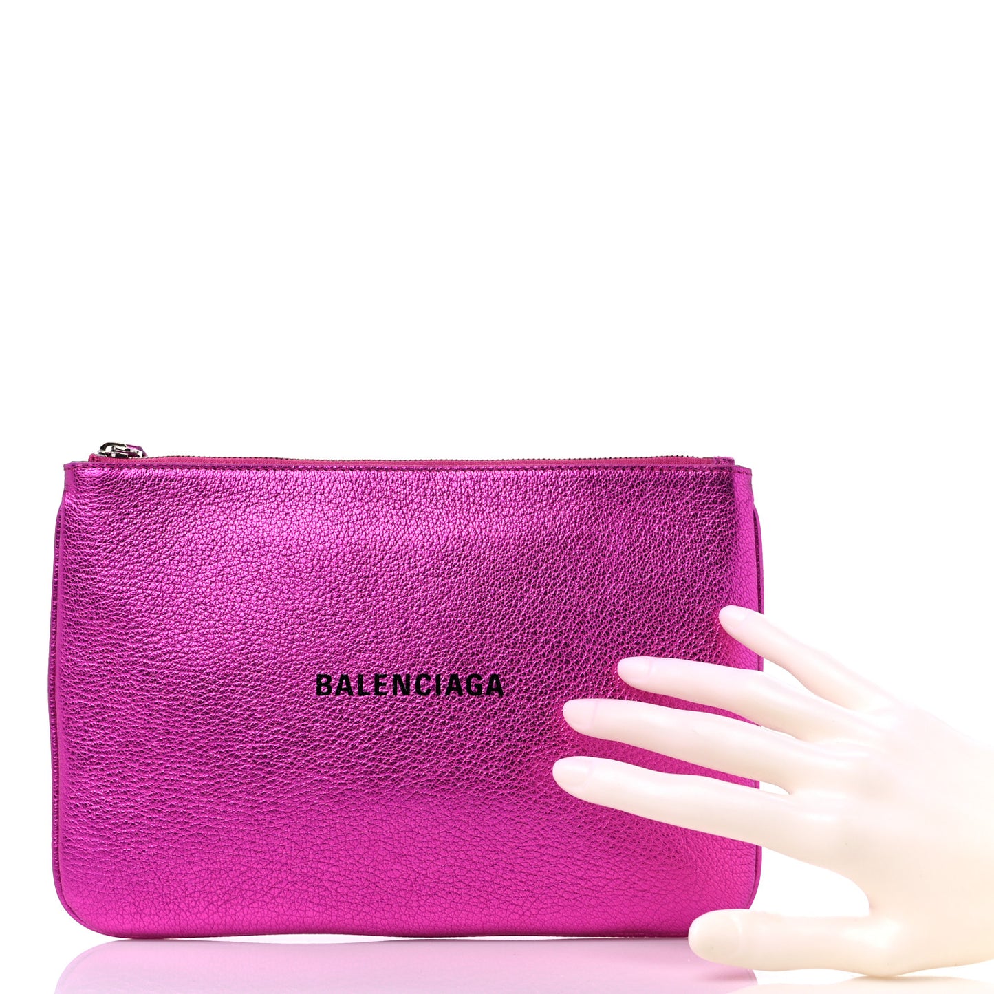 Metallic Goatskin Logo Large Everyday Zip Pouch Rose Fuchsia Black