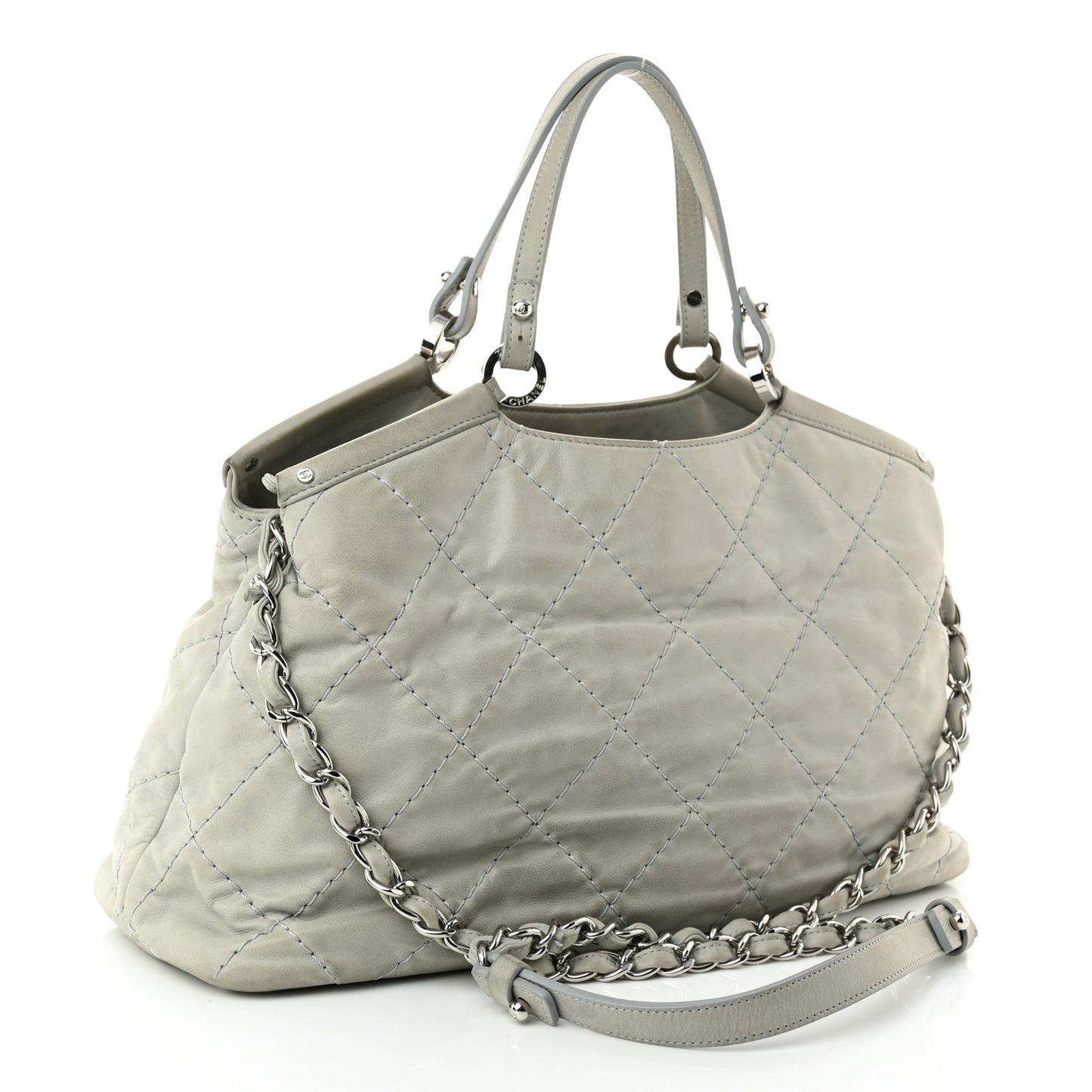 Iridescent Calfskin Diamond Stitched CC Shopping Tote Gris Clair