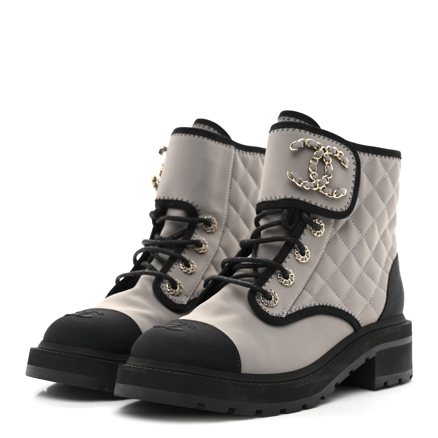 Chanel Fabric Grosgrain Quilted Cap Toe Lace Up Combat Boots 39 Grey Black 4 of 9