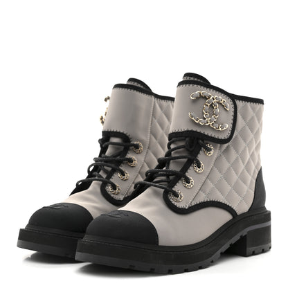 Chanel Fabric Grosgrain Quilted Cap Toe Lace Up Combat Boots 39 Grey Black 4 of 9