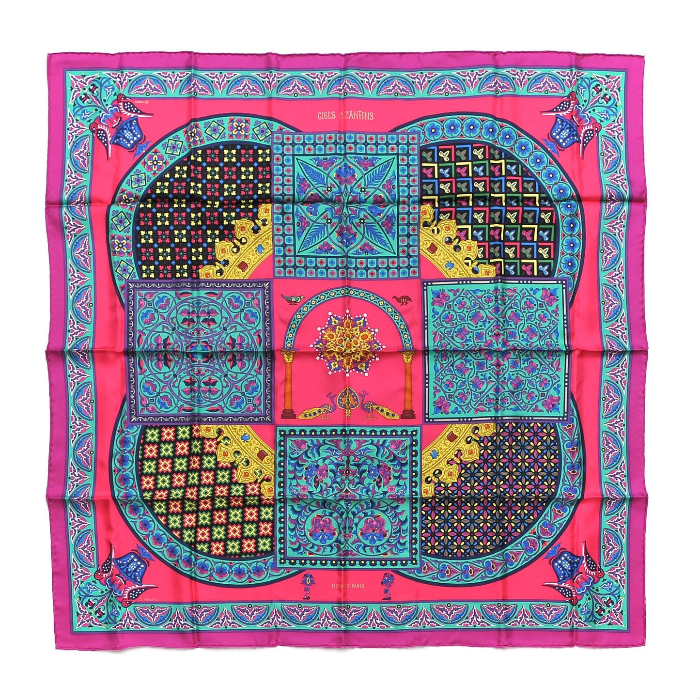 Silk Ciels Byzantins Scarf 90 Fuchsia Rose Vif Vert