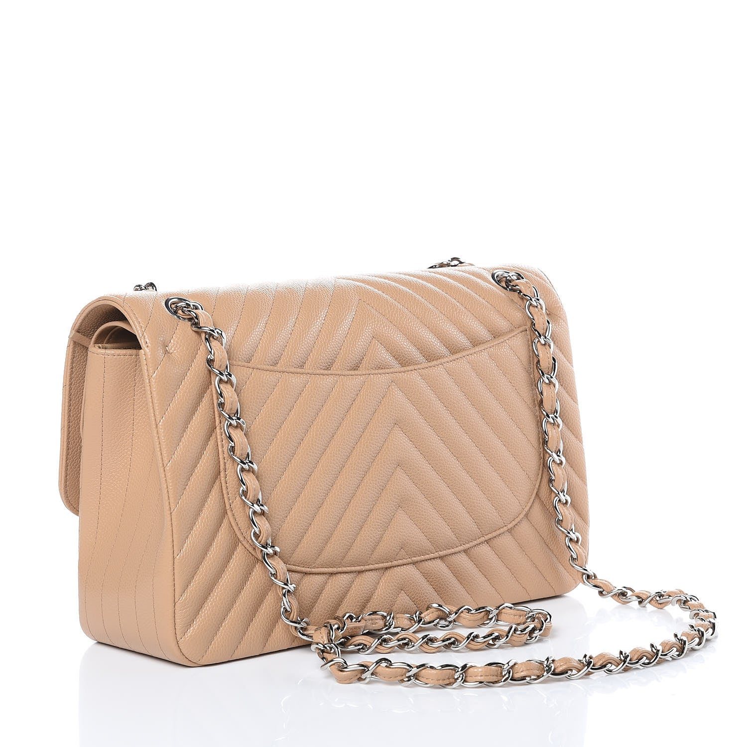 Chanel Caviar Chevron Quilted Jumbo Double Flap Beige 3 of 9