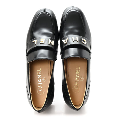 Chanel Shiny Calfskin Logo Loafers 38 Black 2 of 10